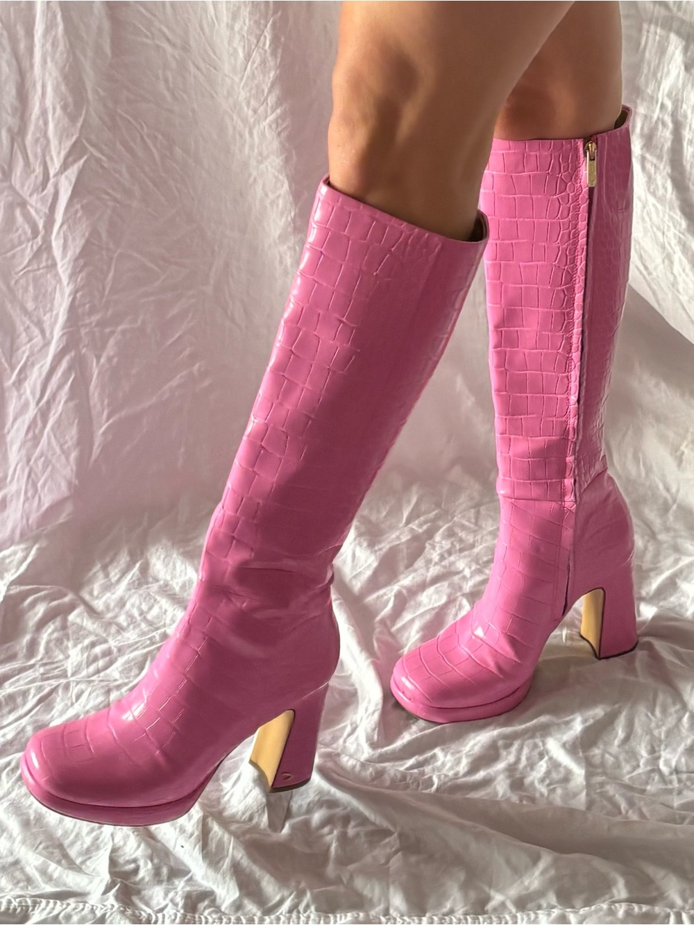 Circus by Sam Edelman Pink Croc-Embossed Knee-High Platform Boots
